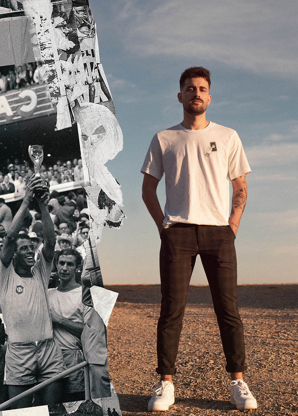 Modelo masculino con camiseta blaca de la marca Madson casual football con ilustración de jugador de fútbol en el pecho y la leyenda de "Support your local team"