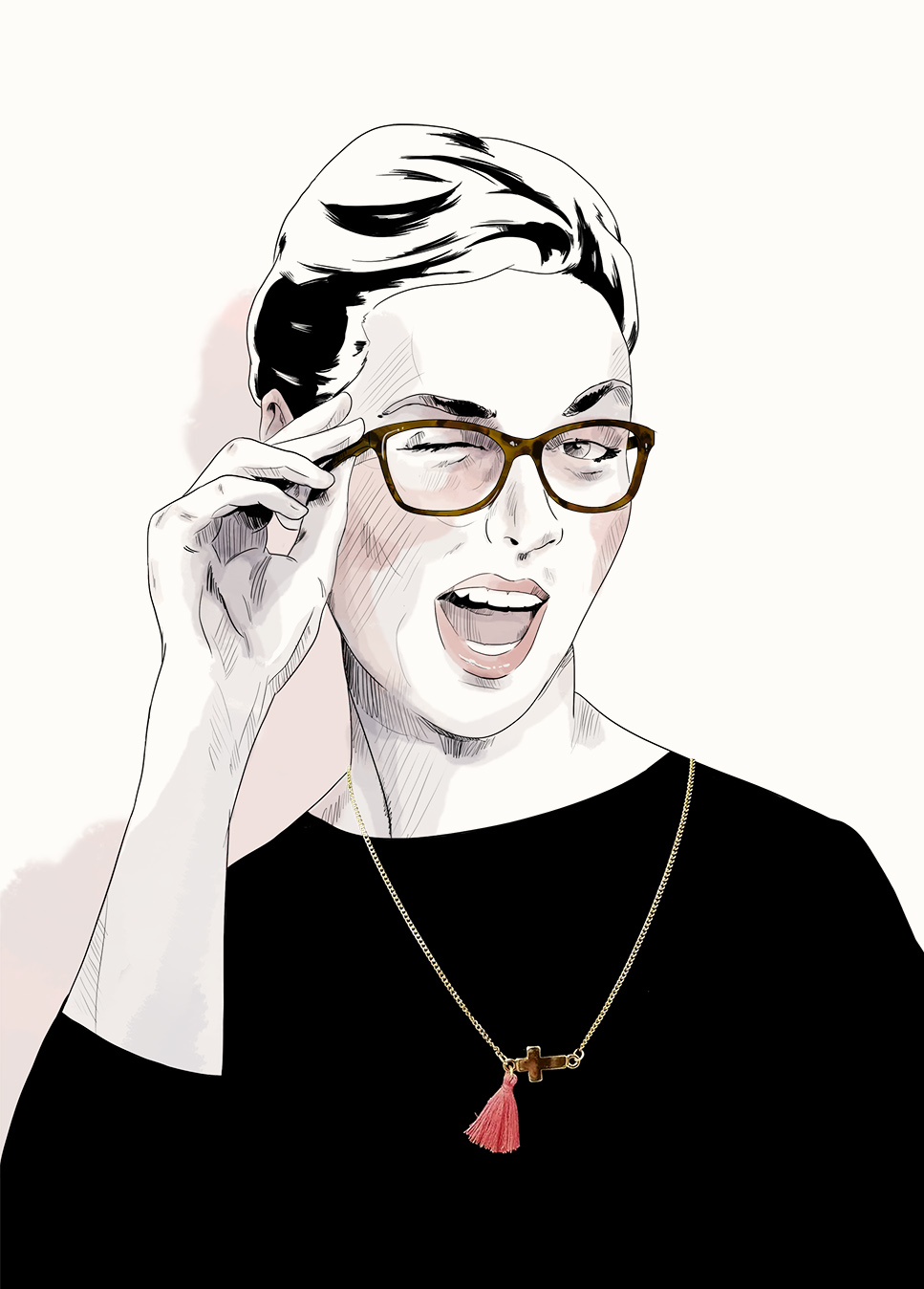 Ilustración de mujer con gafas guiñando un ojo