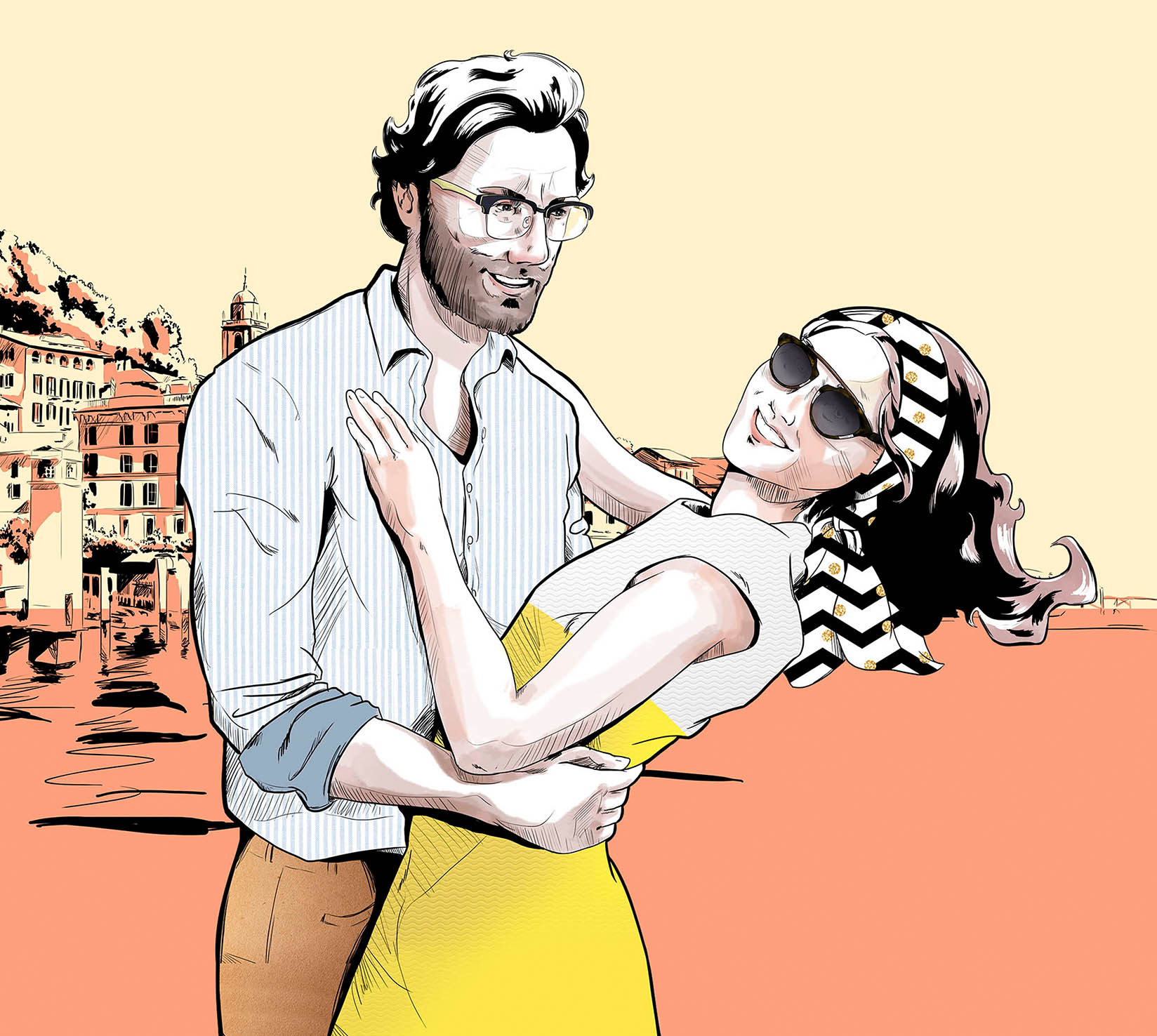ilustracion en photoshop de una pareja en Italia para publicitar las gafas de Optica 2000, la optica de El Corte Ingles